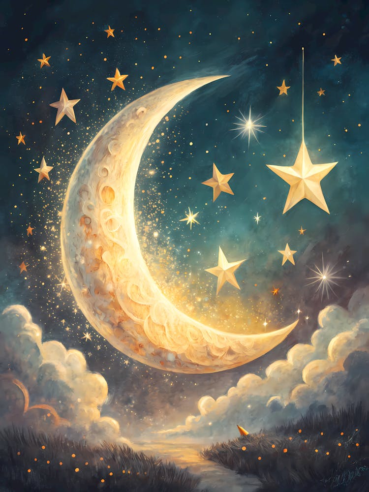 A Glowing Crescent Moon Surrounded by Stars Oil Painting Style
