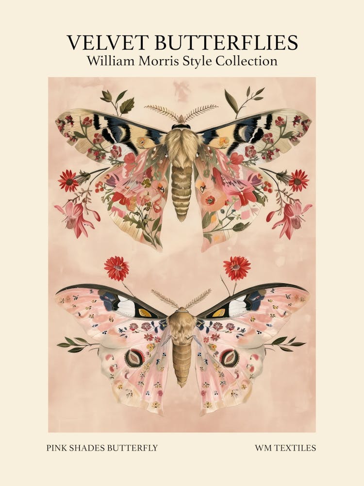 Velvet Butterflies Collection Pink Shades Butterfly William Morris Style 4
