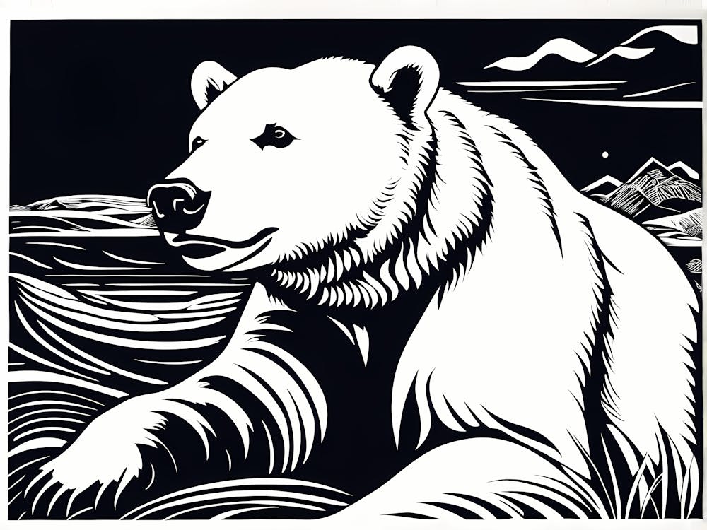 Playful Polar Bear Linocut Black And White art, animal art, 148