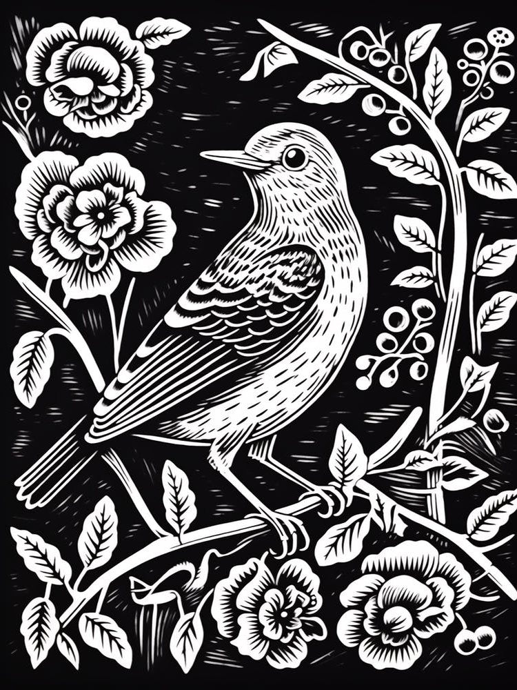 B&W Bird Linocut Mockingbird 2