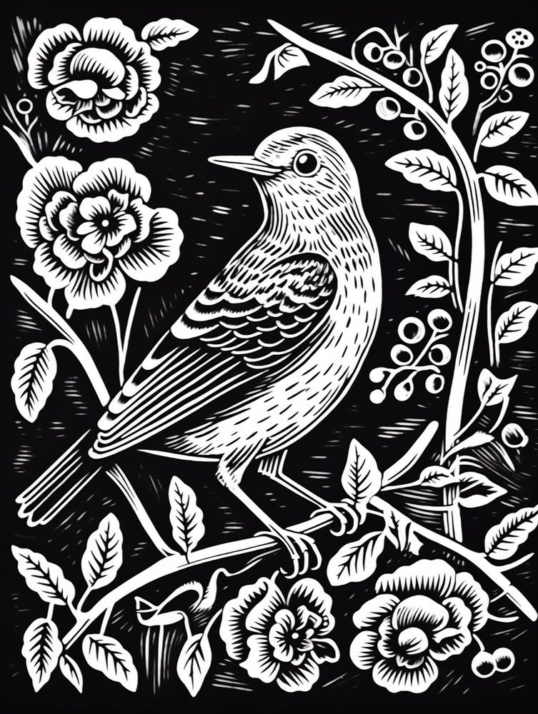 B&W Bird Linocut Mockingbird 2