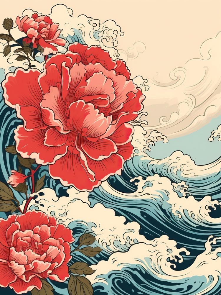 Great Wave With Peony Flower Drawing In The Style Of Ukiyo E 4