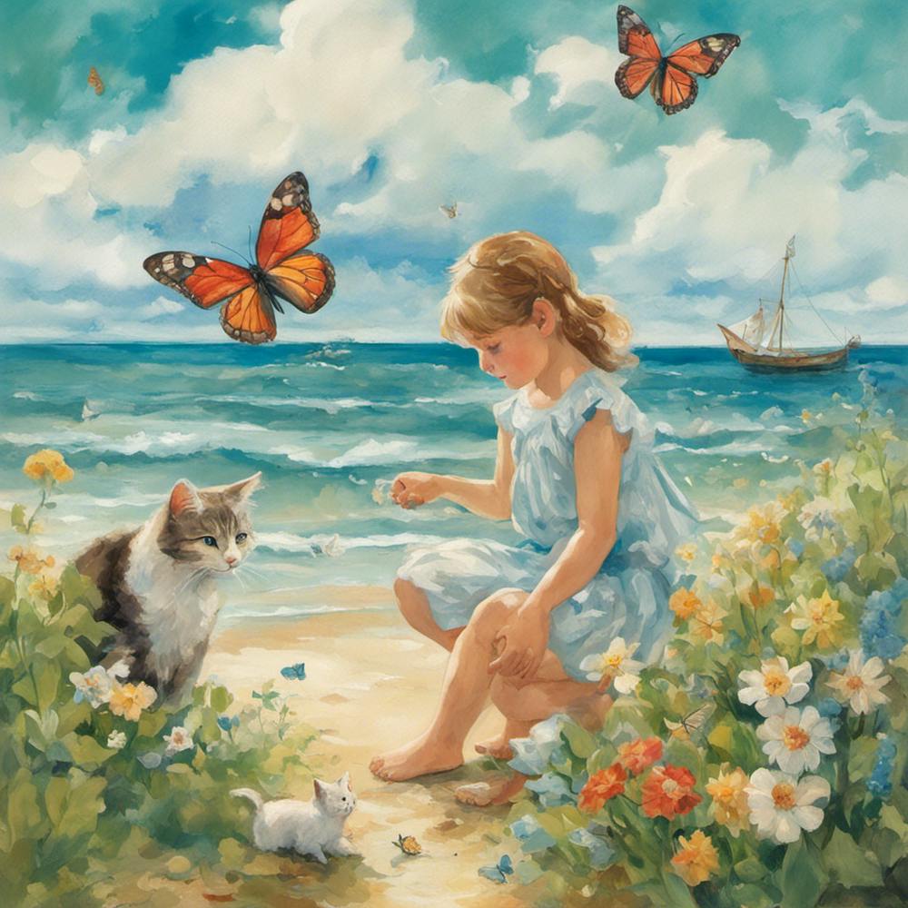 Little Girl With Cat And Butterflies