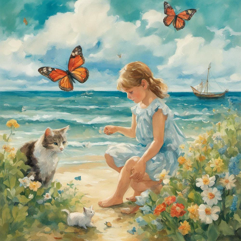 Little Girl With Cat And Butterflies