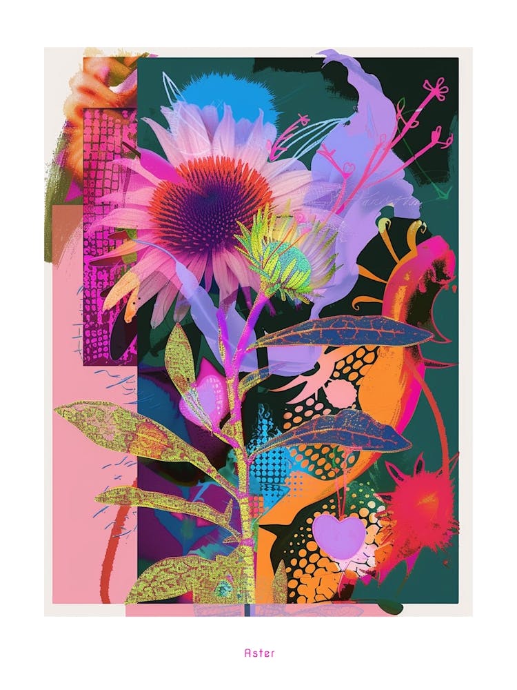 Aster 7 Neon Flower Collage Poster