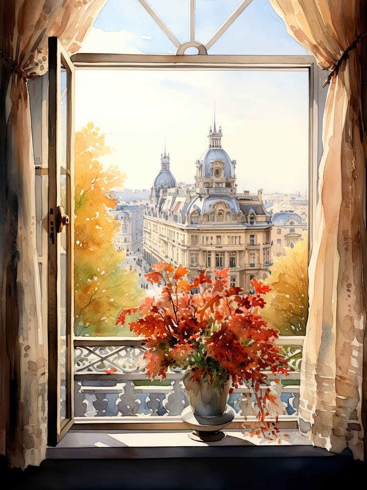 Window View Of Vienna Austria In Autumn Fall, Watercolour 2