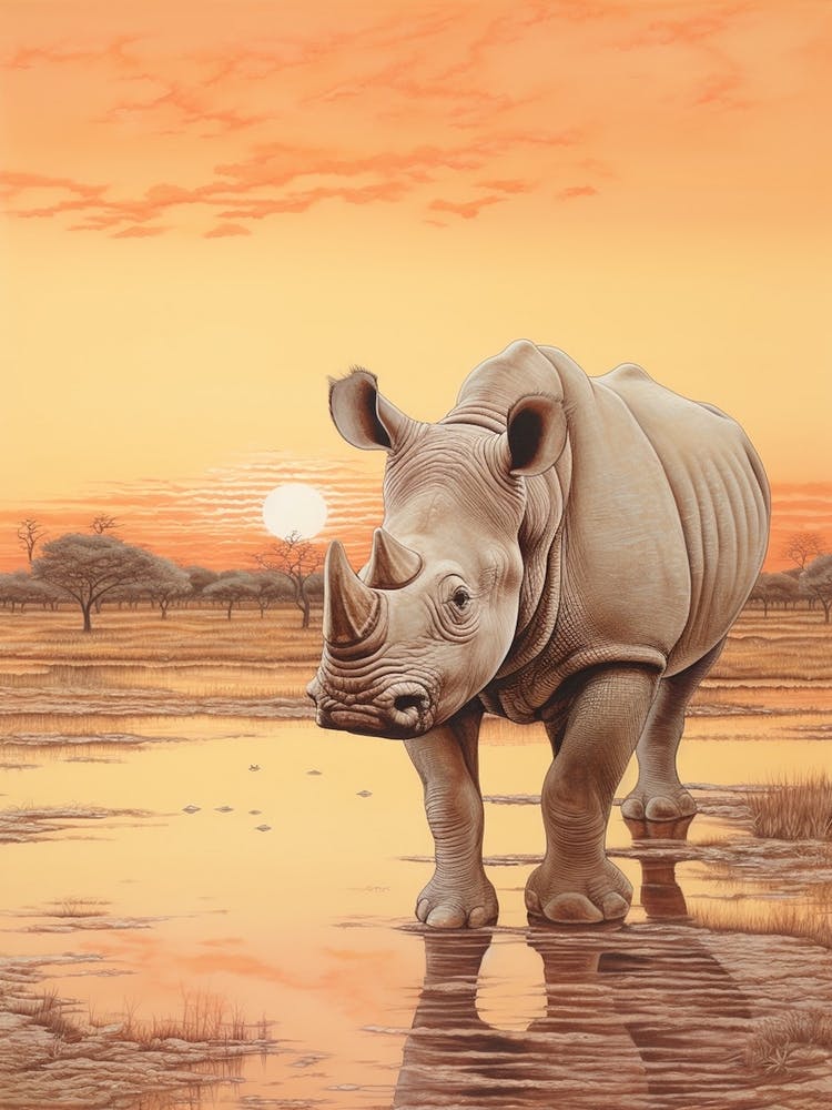 Rhino In The Sunset Realistic Illustration 2