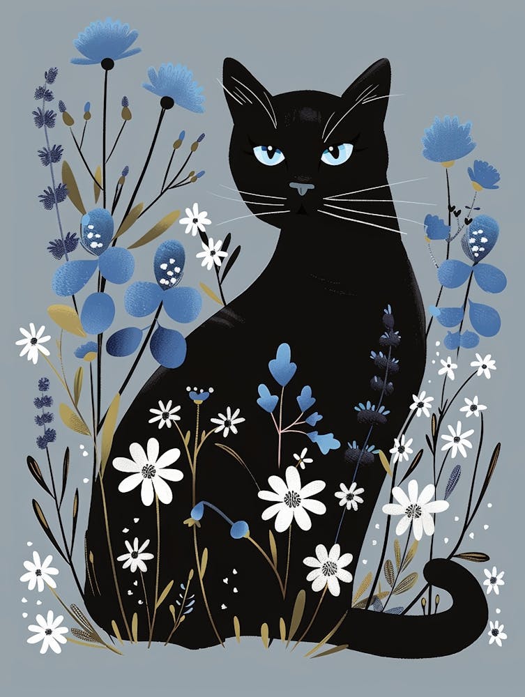 Black Cat In Blue Flowers