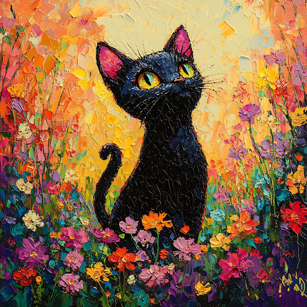 Black Cat In Flowers