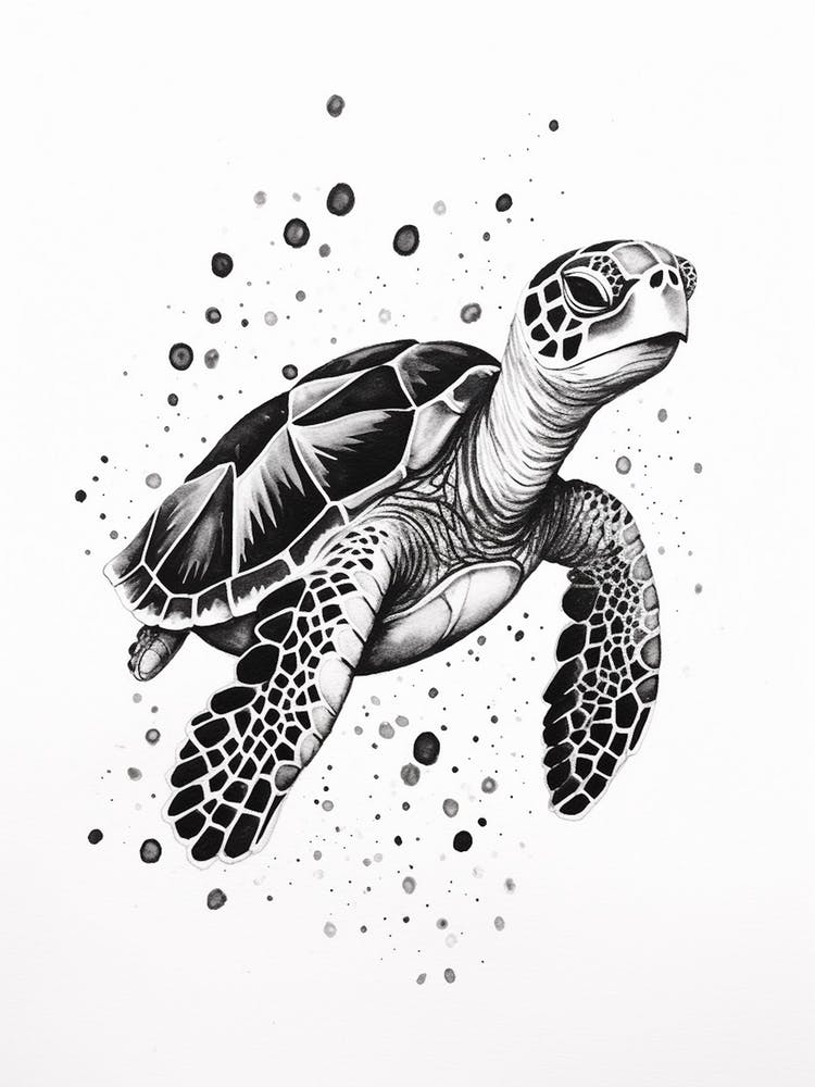 Baby Sea Turtle Black And White Illustration