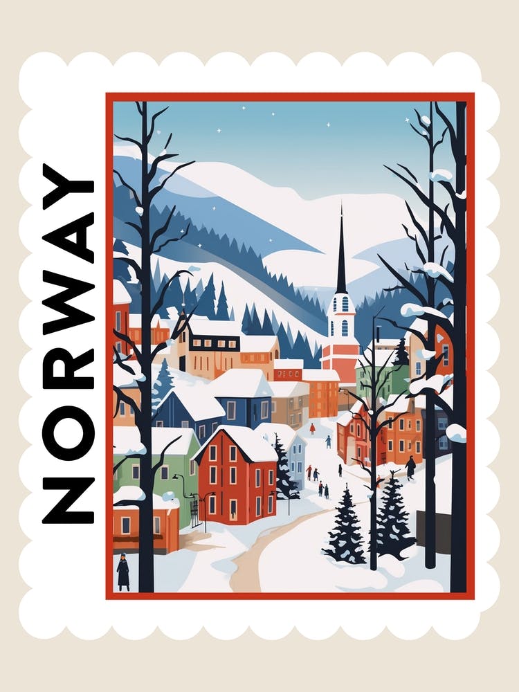 Retro Winter Stamp Poster Bergen Norway 3