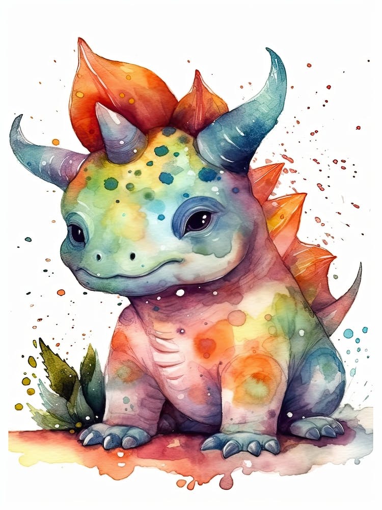 Triceratops Cute Dinosaur Watercolour 1