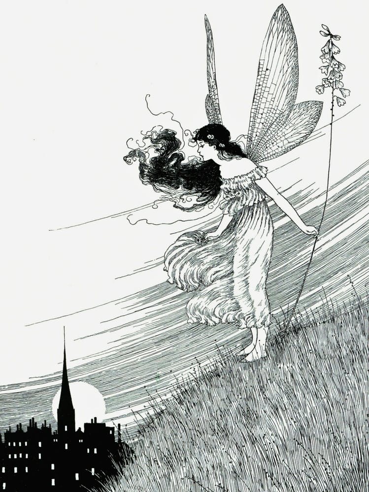 The Mortals Country Fairy Land - Ida Rentoul Outhwaite 1919 - 'The Mortals Country' Original Remastered Drawing for the Book 'Elves and Fairies' Vintage Fairycore Butterfly Fairy Witchy Cottagecore Fairytale