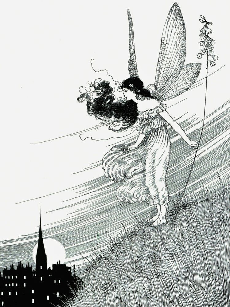 The Mortals Country Fairy Land - Ida Rentoul Outhwaite 1919 - 'The Mortals Country' Original Remastered Drawing for the Book 'Elves and Fairies' Vintage Fairycore Butterfly Fairy Witchy Cottagecore Fairytale
