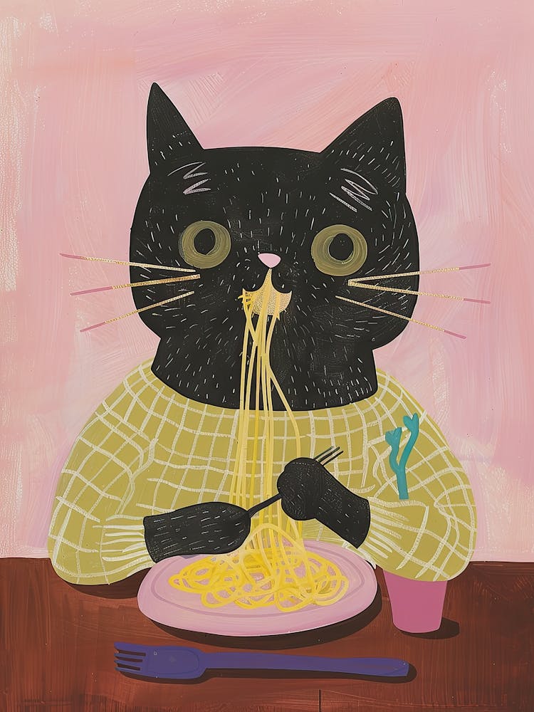 Cute Black Cat Eating Pasta Folk Illustration 3