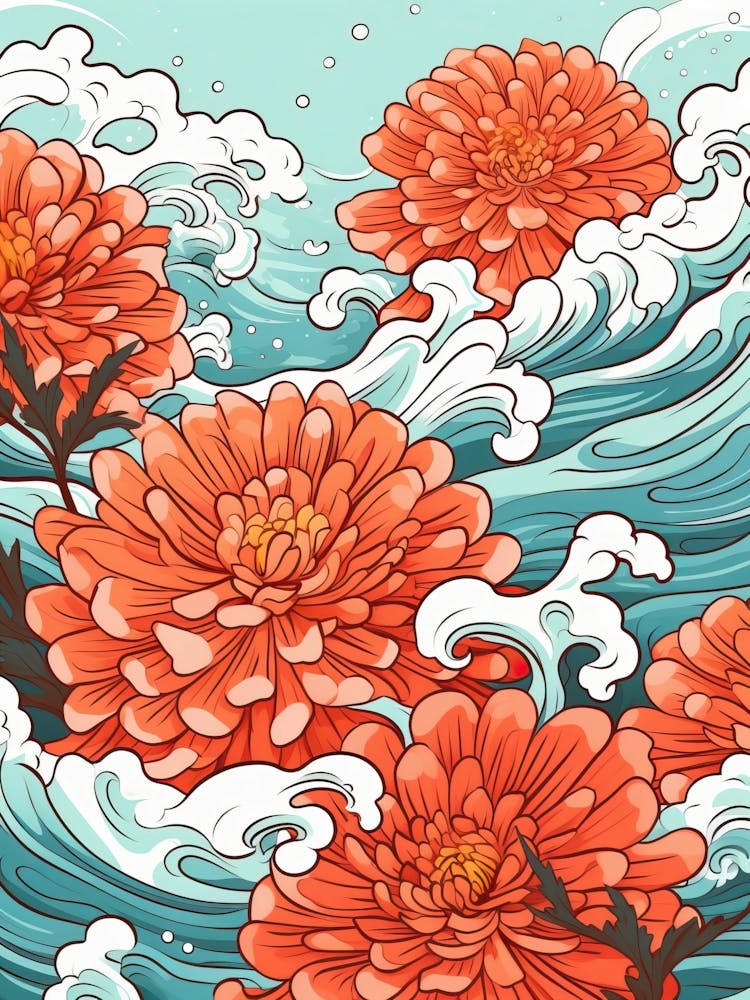 Great Wave With Zinnia Flower Drawing In The Style Of Ukiyo E 1