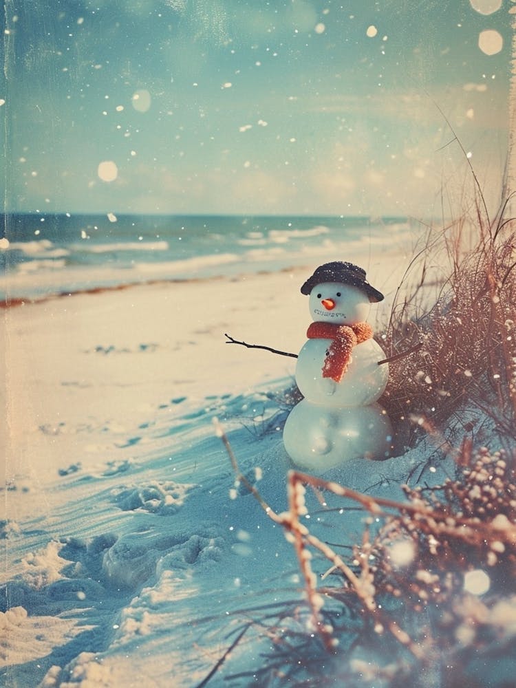 Snowmen On The Beach Retro Photo 2