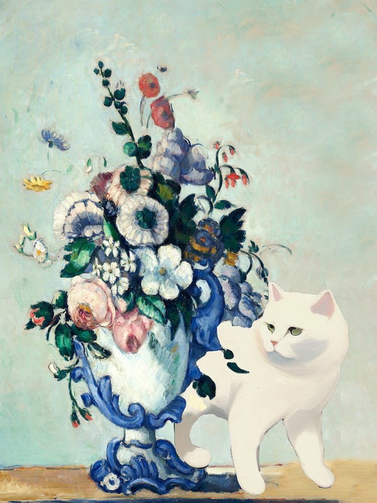 Rococo Vase, Paul Cezanne  Inspired With White Cat