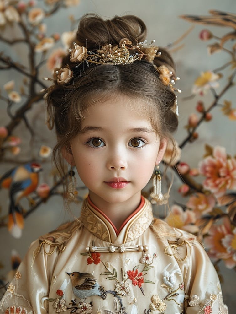 A Lovely 6 Year Old Chinese Girl, Wearing Traditional Chinese Costume For Children, In The Style Of Soft And Dreamy Pastels, Birds & Flowers, 5d Mark Iv, Plush Doll Art, High Quality, Animal Motifs, High Resolution