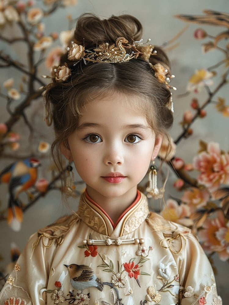 A Lovely 6 Year Old Chinese Girl, Wearing Traditional Chinese Costume For Children, In The Style Of Soft And Dreamy Pastels, Birds & Flowers, 5d Mark Iv, Plush Doll Art, High Quality, Animal Motifs, High Resolution