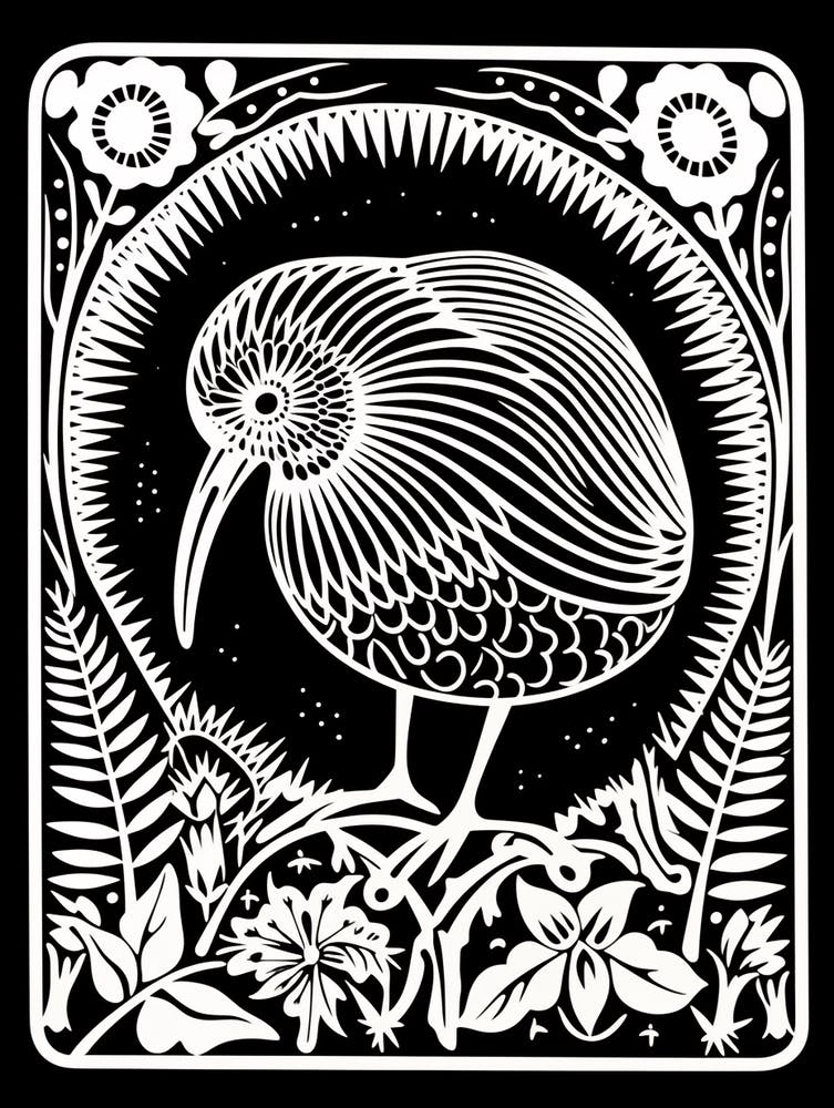B&W Bird Linocut Kiwi 2
