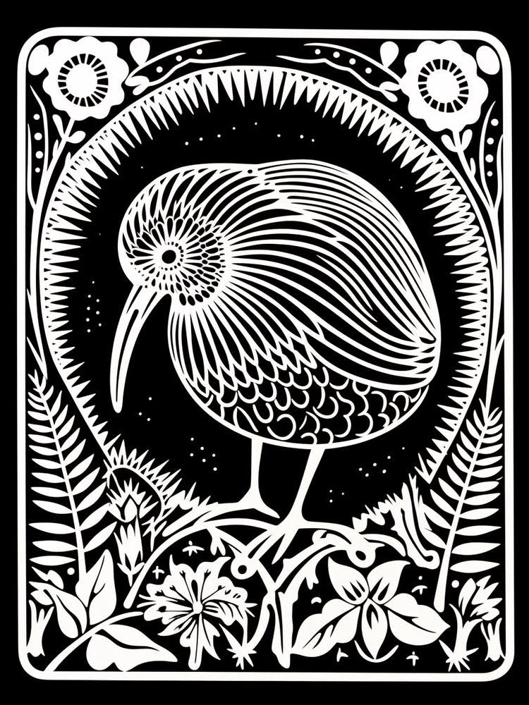 B&W Bird Linocut Kiwi 2