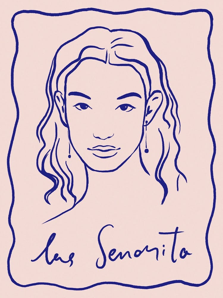 Las Senorita. Portrait of a Woman. Italian Minimalist Pink with Blue Line