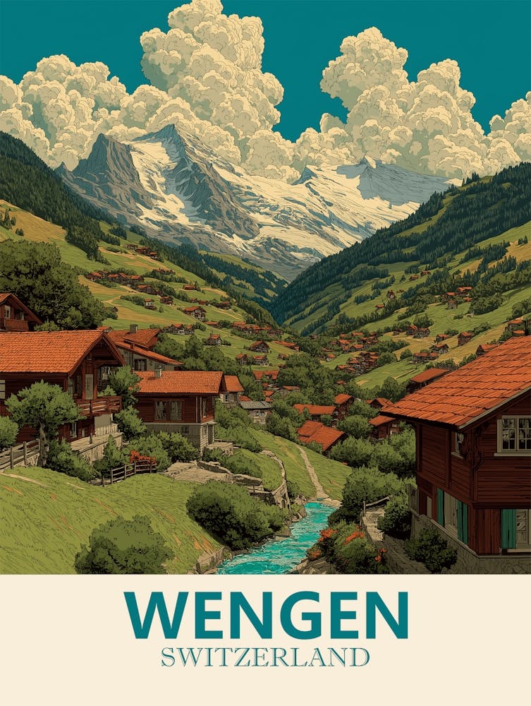 Wengen Switzerland Poster – Alpine Charm & Vintage Elegance