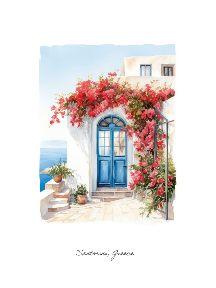 Santorini, Greece   Mediterranean Doors Watercolour Painting 4 Poster