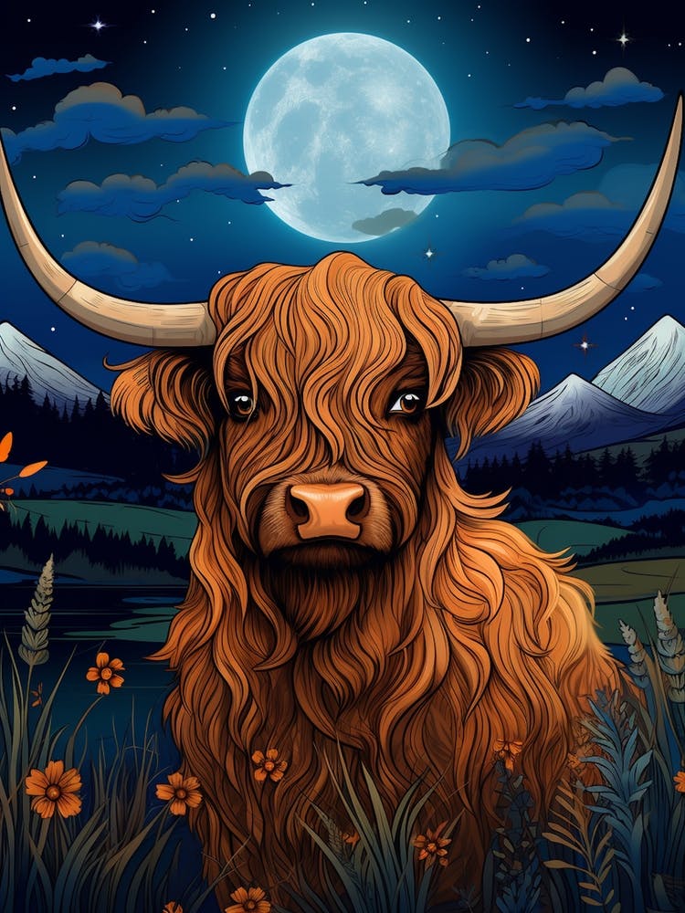 Wavy Line Highland Cow At Night Illustration 3