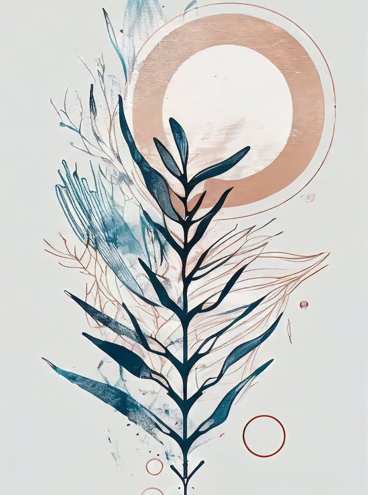 Dark Blue Coastal Flora And Cricles - Abstract Minimal Boho Beach