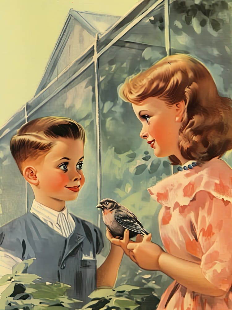 Vintage Retro Kids With Bird Illustration Kitsch 8
