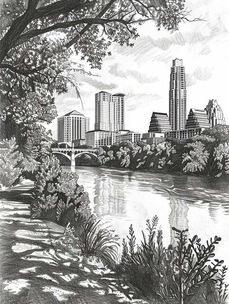 Skyline Austin Texas Black And White Drawing 1