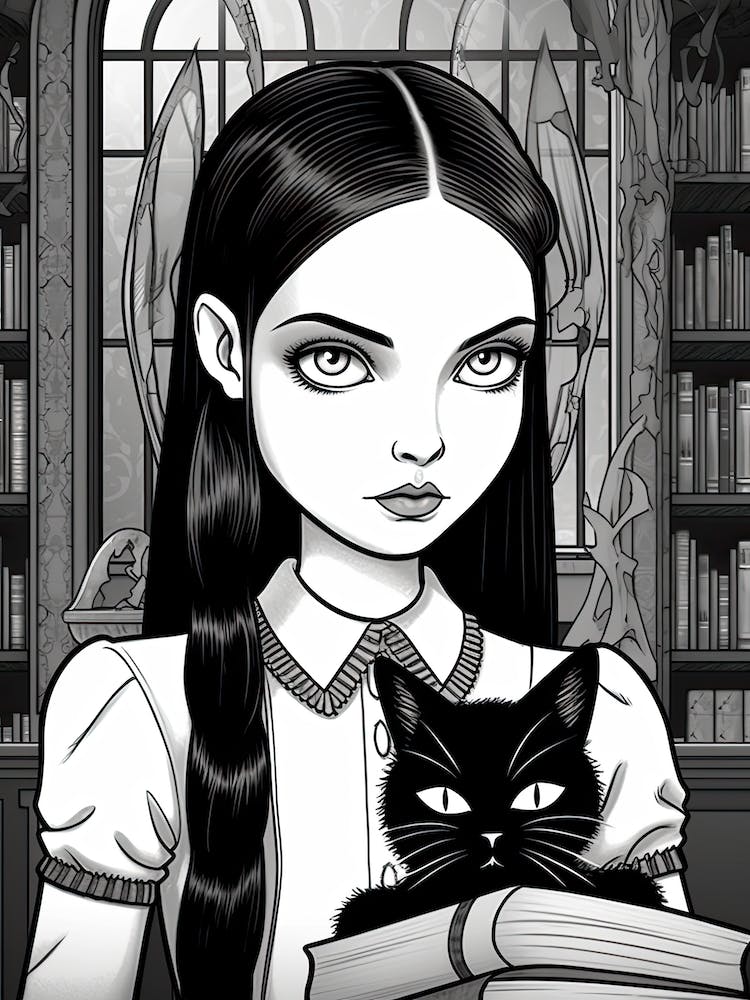 Nevermore Academy With Wednesday Addams And A Cat Line Art 1 Fan Art