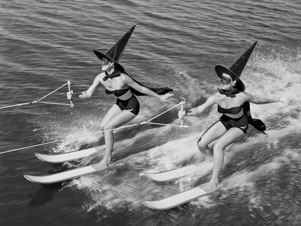Waterskiing Witches Vintage Black and White Photo