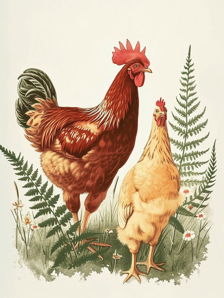 Vintage Illustration Hen And Chicken Fern 1