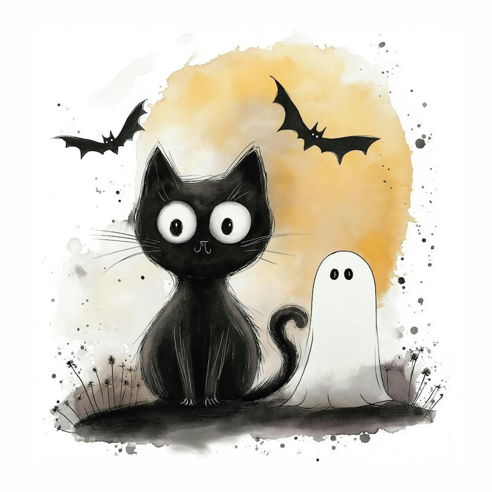Cute Halloween Black Cat & Ghost