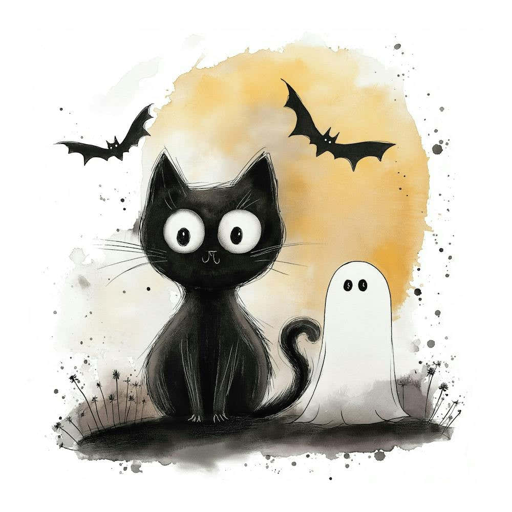 Cute Halloween Black Cat & Ghost