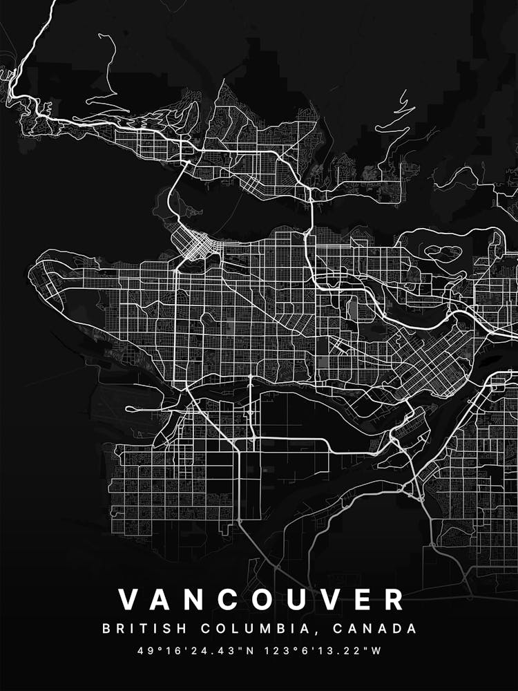 Vancouver British Columbia Canada Black Map