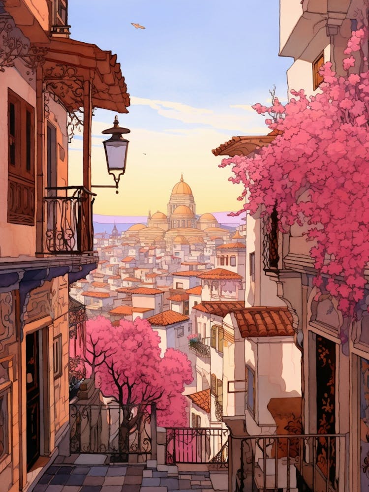 Istanbul Turkey 6 Vintage Pink Travel Illustration