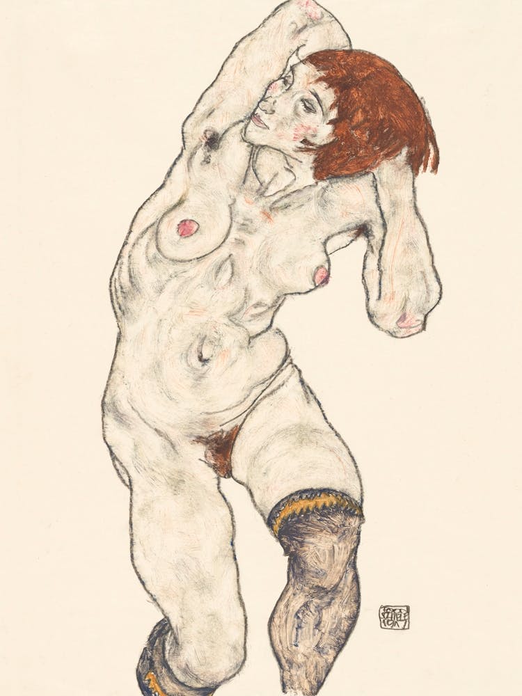 Naked Lady, Nude In Black Stocking (1917), Egon Schiele