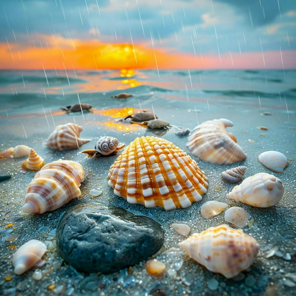 Seashells On Sand Under Sunset With Gentle Rain 1