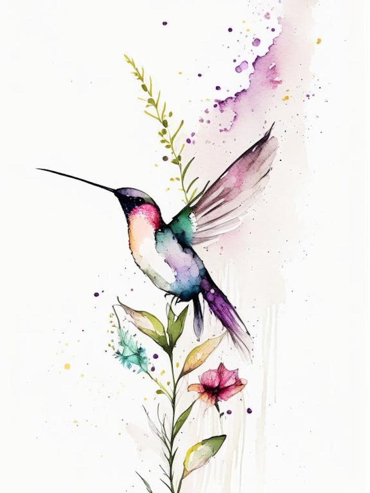 Hummingbird And Flowers Minimalist Watercolour
