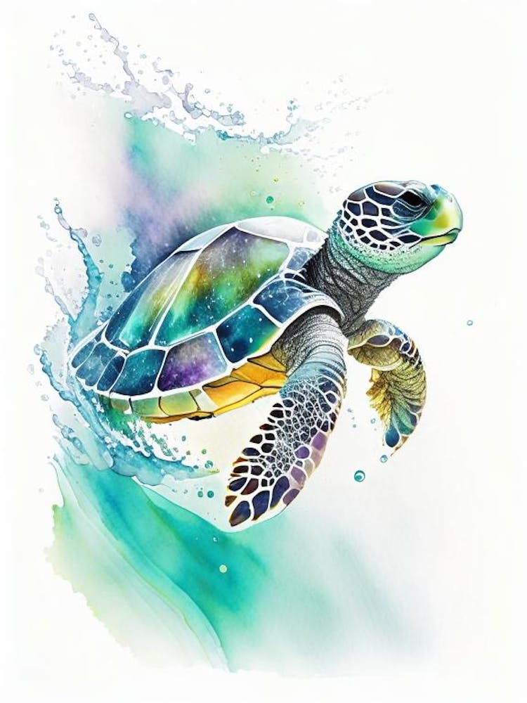 Sea Turtle In Motion, Sea Turtle Watercolour