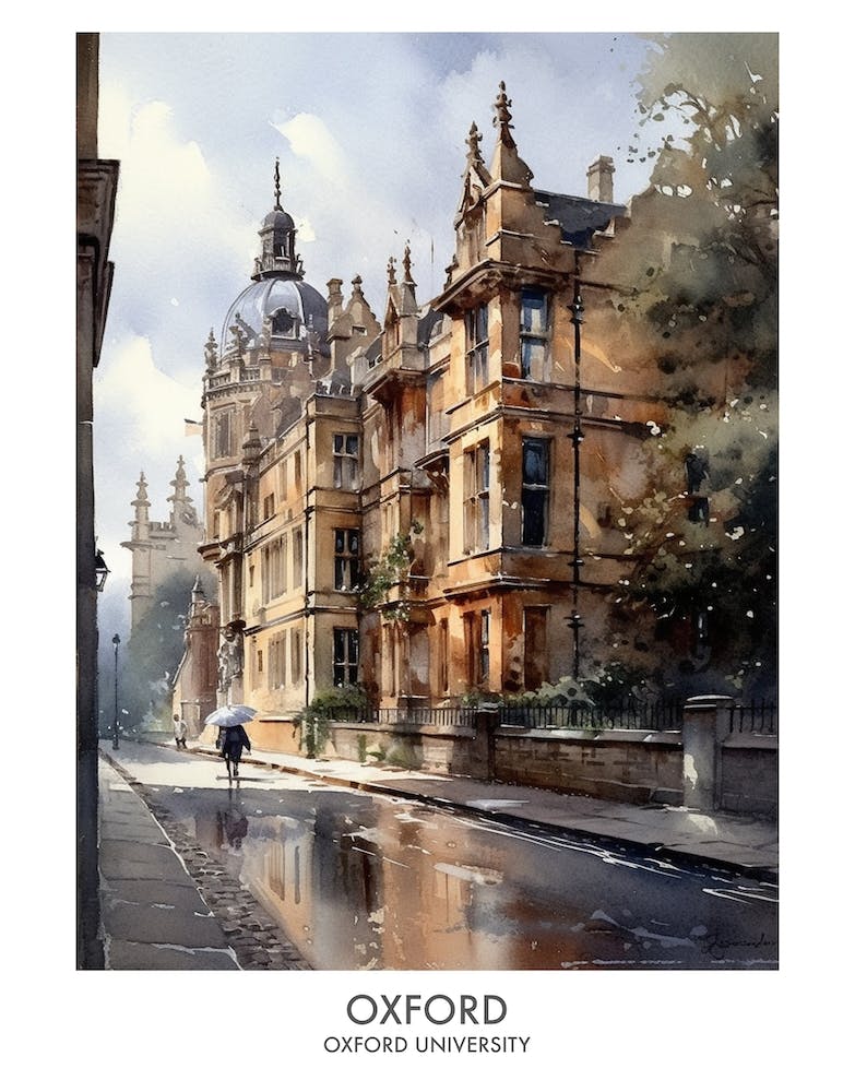 Oxford University 7 Affiche de voyage à l'aquarelle