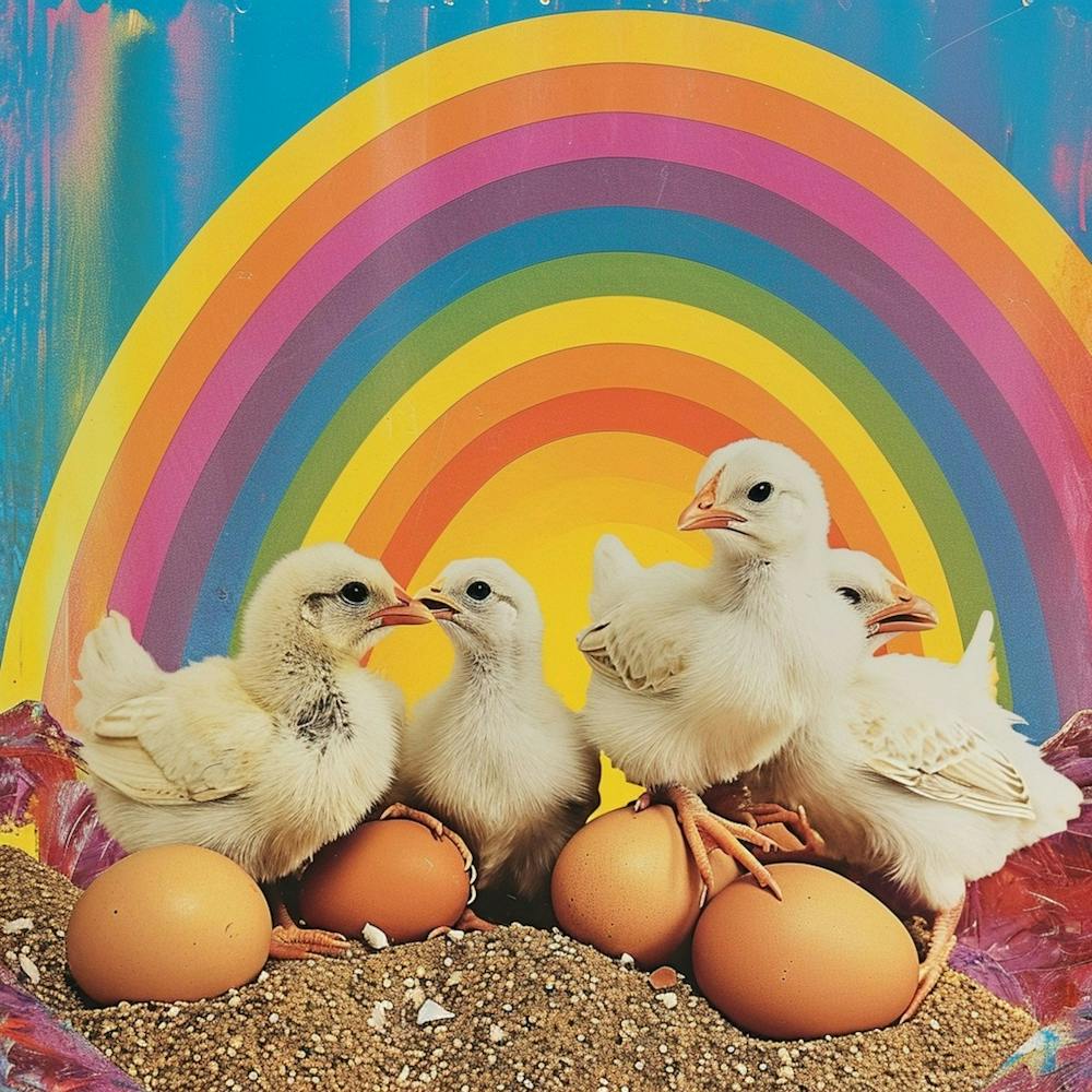 Rainbow Retro Collage Chicks & Eggs 2