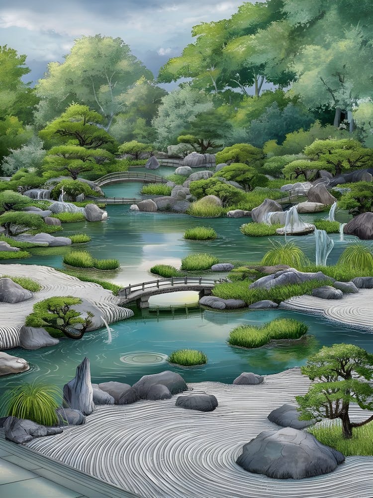 Japanese Garden - peaceful depiction of a zen garden with a tranquil pond and flowing water features 1