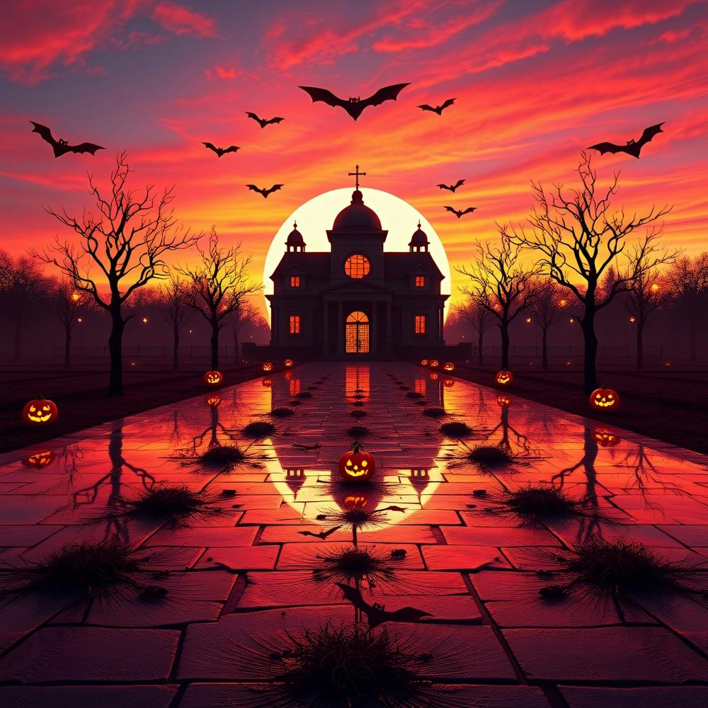 Église d'Halloween Au Coucher du Soleil
