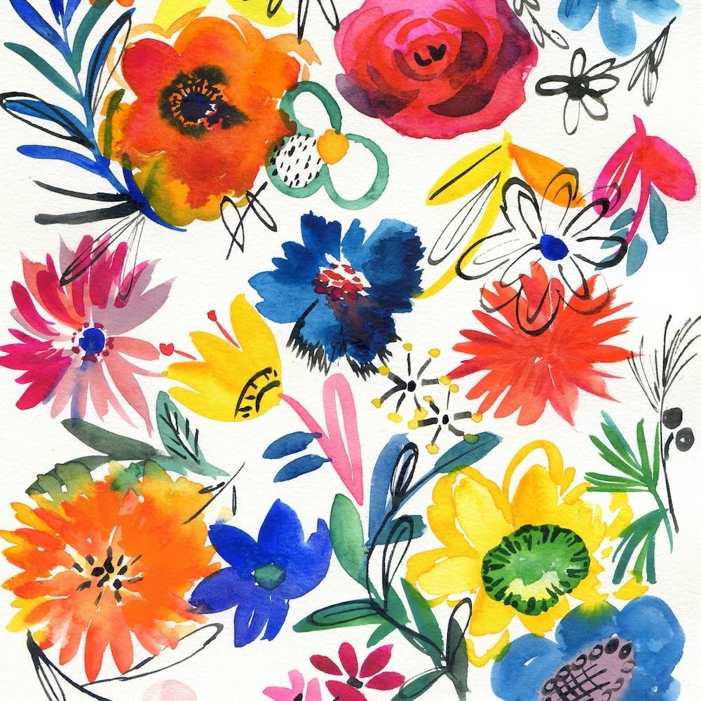 Watercolor Flowers with Blue