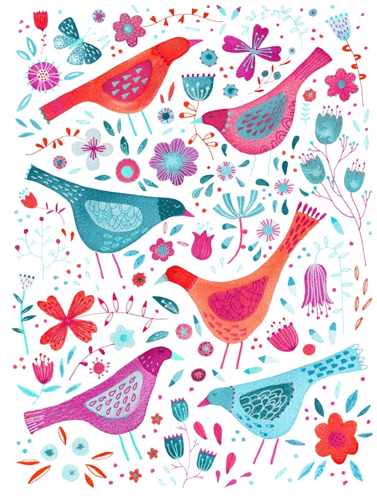 Birds In Wildflowers Teal Pink Purple